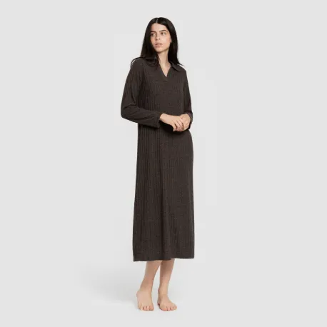 Vestido longo de manga longa com gola 4x2 canelado feminino vestidos-mulher