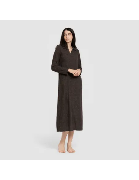 Vestido longo de manga longa com gola 4x2 canelado feminino vestidos-mulher
