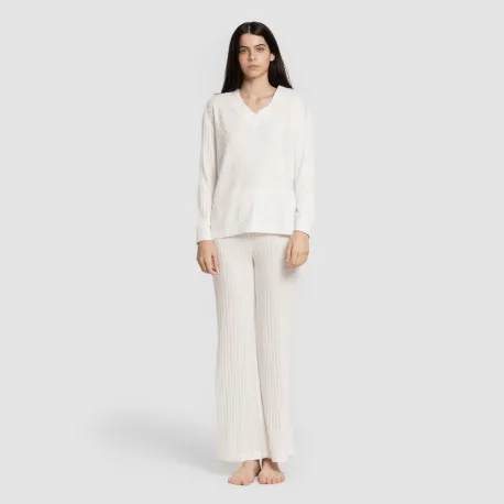 Calça longa de poliamida canelada feminina pantalones-comodos-mujer