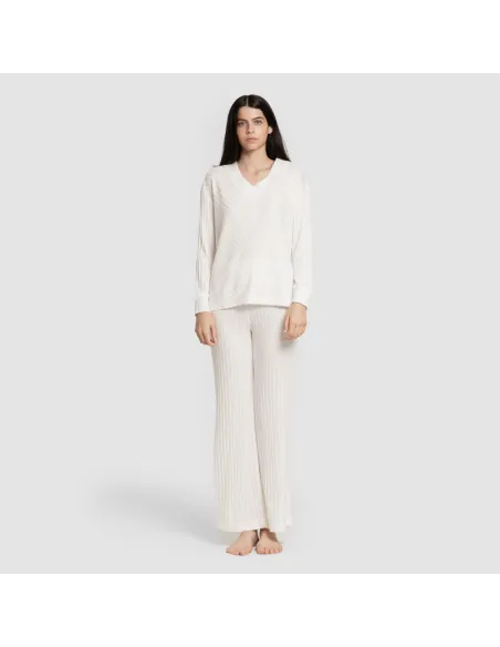 Calça longa de poliamida canelada feminina pantalones-comodos-mujer
