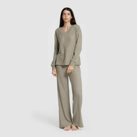 Calça longa de poliamida canelada feminina pantalones-comodos-mujer