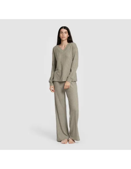 Calça longa de poliamida canelada feminina pantalones-comodos-mujer