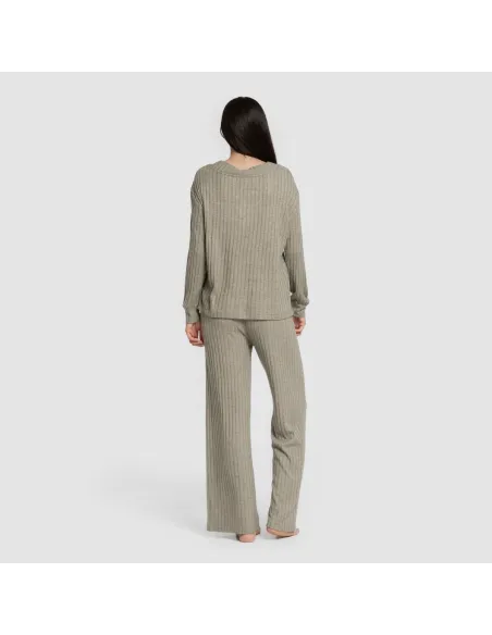 Calça longa de poliamida canelada feminina pantalones-comodos-mujer