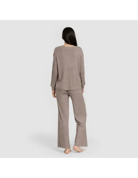 Calça longa de poliamida canelada feminina pantalones-comodos-mujer