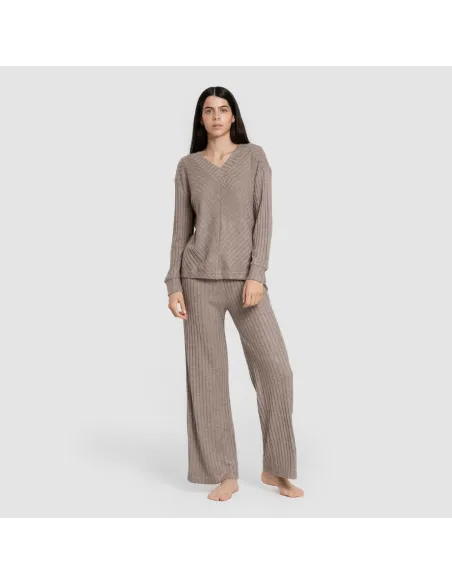 Calça longa de poliamida canelada feminina pantalones-comodos-mujer