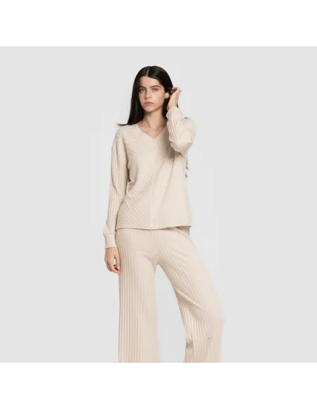 Calça longa de poliamida canelada feminina pantalones-comodos-mujer