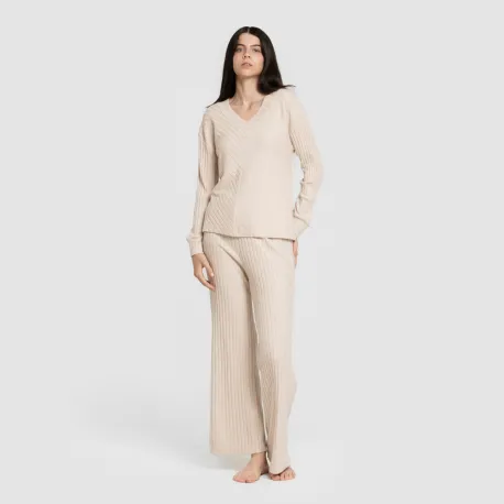 Calça longa de poliamida canelada feminina pantalones-comodos-mujer