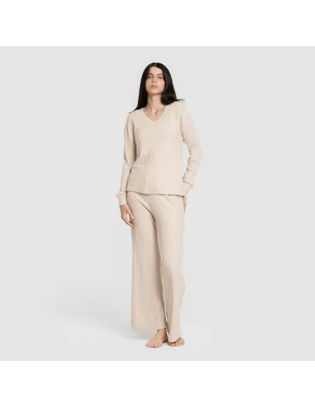 Calça longa de poliamida canelada feminina pantalones-comodos-mujer