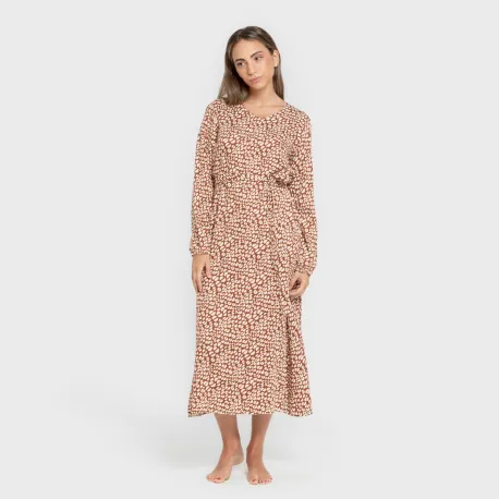 Vestido midi de manga comprida em viscose com decote em V Serum tijolo vestidos-mulher