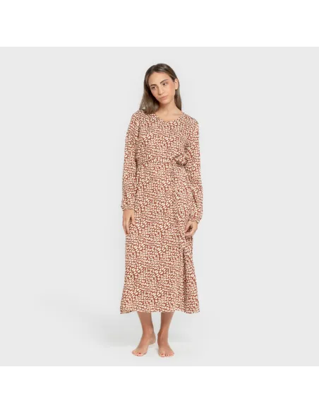 Vestido midi de manga comprida em viscose com decote em V Serum tijolo vestidos-mulher