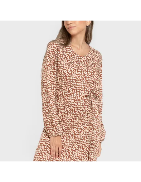 Vestido midi de manga comprida em viscose com decote em V Serum tijolo vestidos-mulher