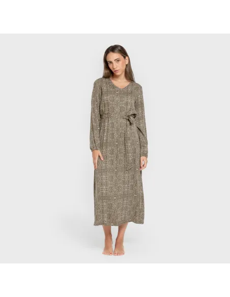 Vestido midi de manga comprida em viscose com decote em V Dalias verde caça vestidos-mulher