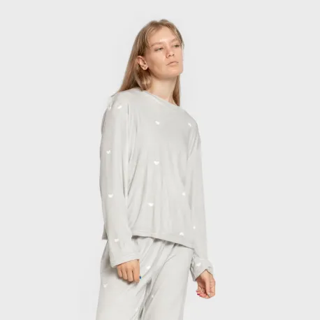 Pijama veludo super soft mulher Hearts cinza pijama-inverno-mulher