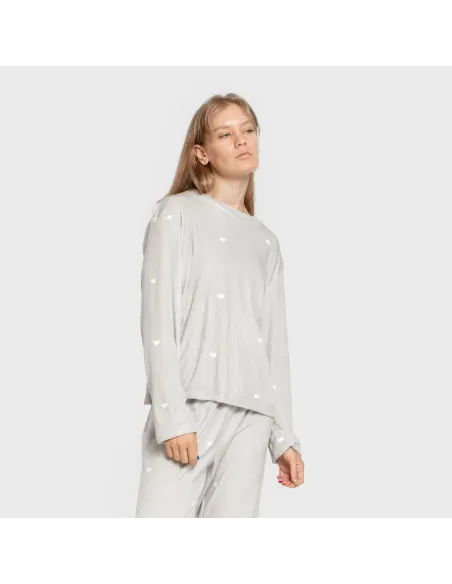 Pijama veludo super soft mulher Hearts cinza pijama-inverno-mulher
