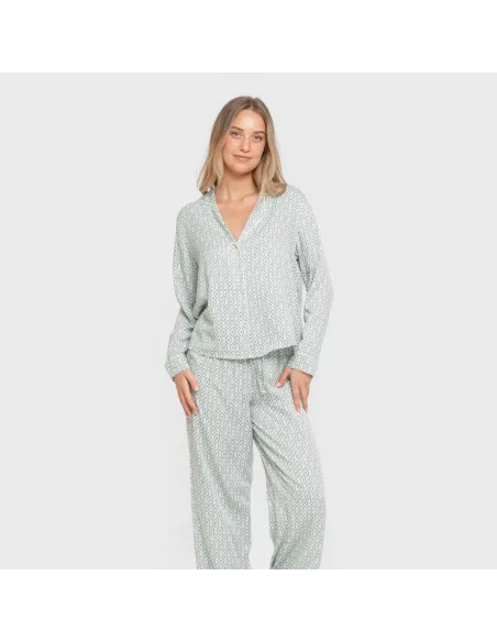 Pijama manga comprida camisero viscose mulher Orquidea agua marina pijamas-compridos-de-mulher