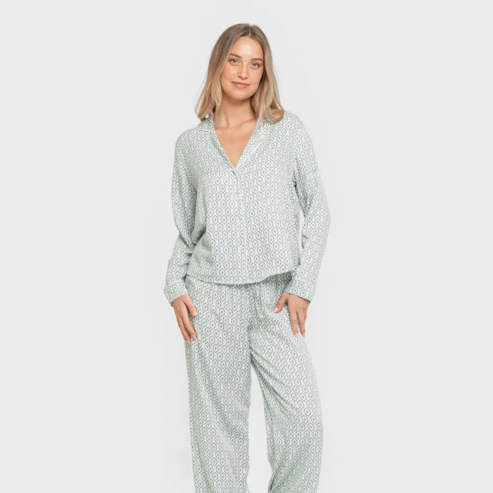 Pijama manga comprida camisero viscose mulher Orquidea agua marina pijamas-compridos-de-mulher