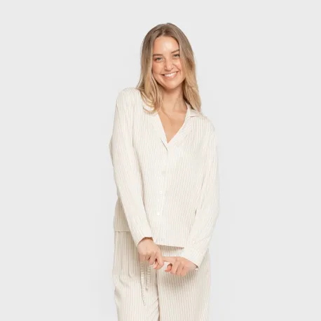 Pijama manga comprida camisero viscose mulher Raya Kodac areia pijamas-compridos-de-mulher