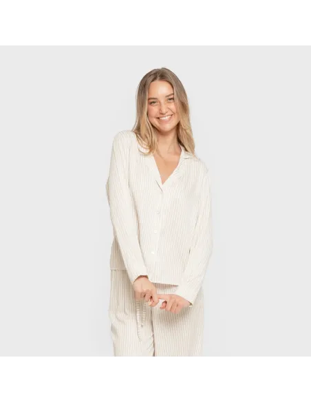 Pijama manga comprida camisero viscose mulher Raya Kodac areia pijamas-compridos-de-mulher