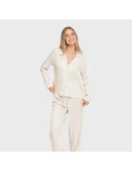 Pijama manga comprida camisero viscose mulher Raya Kodac areia pijamas-compridos-de-mulher