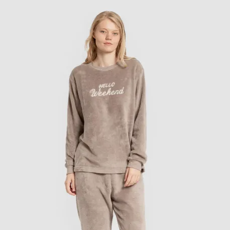 Pijama coral punho mulher Hello Weekend castanho pijama-inverno-mulher