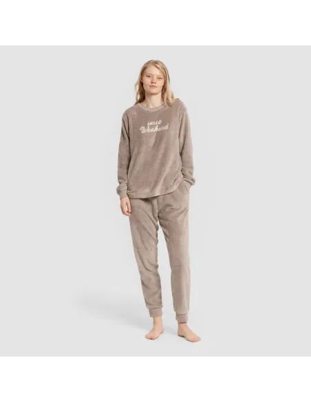 Pijama coral punho mulher Hello Weekend castanho pijama-inverno-mulher