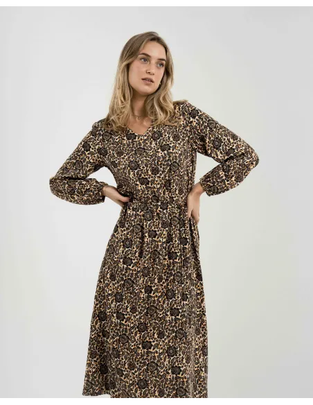 Vestido midi de manga comprida em viscose com decote em V Sophie vestidos-mulher