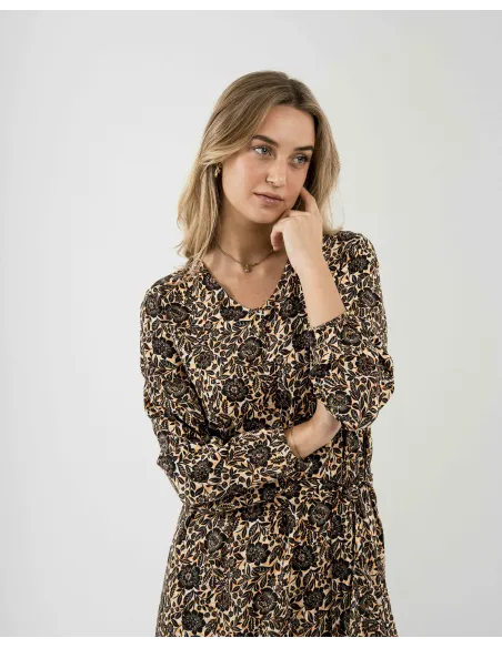 Vestido midi de manga comprida em viscose com decote em V Sophie vestidos-mulher