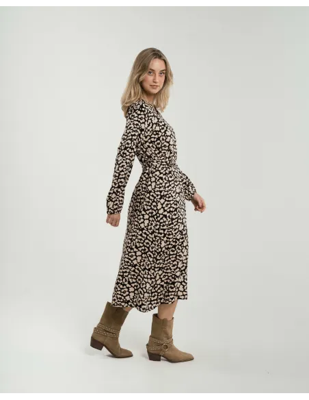 Vestido midi de manga comprida em viscose com decote em V Vitamin preto vestidos-mulher